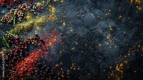 Colorful spices and herbs on a dark background, in a top view. Spices for cooking concept. A top down view of colorful dried seasonings such as Sichuan pepper powder and black cumin. photo