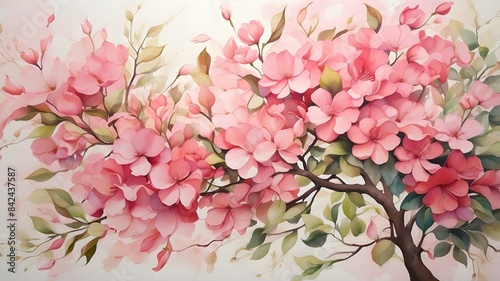 "Experience the delicate beauty of a watercolor painting, as vibrant hues of pink and green dance across the canvas, bringing to life a stunning flower tree in full bloom."