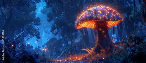 The glow of a vibrant bioluminescent mushroom illuminating the dark forest