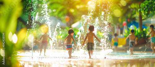 summer water activity kids playing on splash pad playground city park