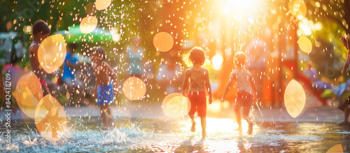 summer water activity kids playing on splash pad playground city park photo