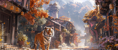 Tigers prowling through a quaint village street in the early morning photo