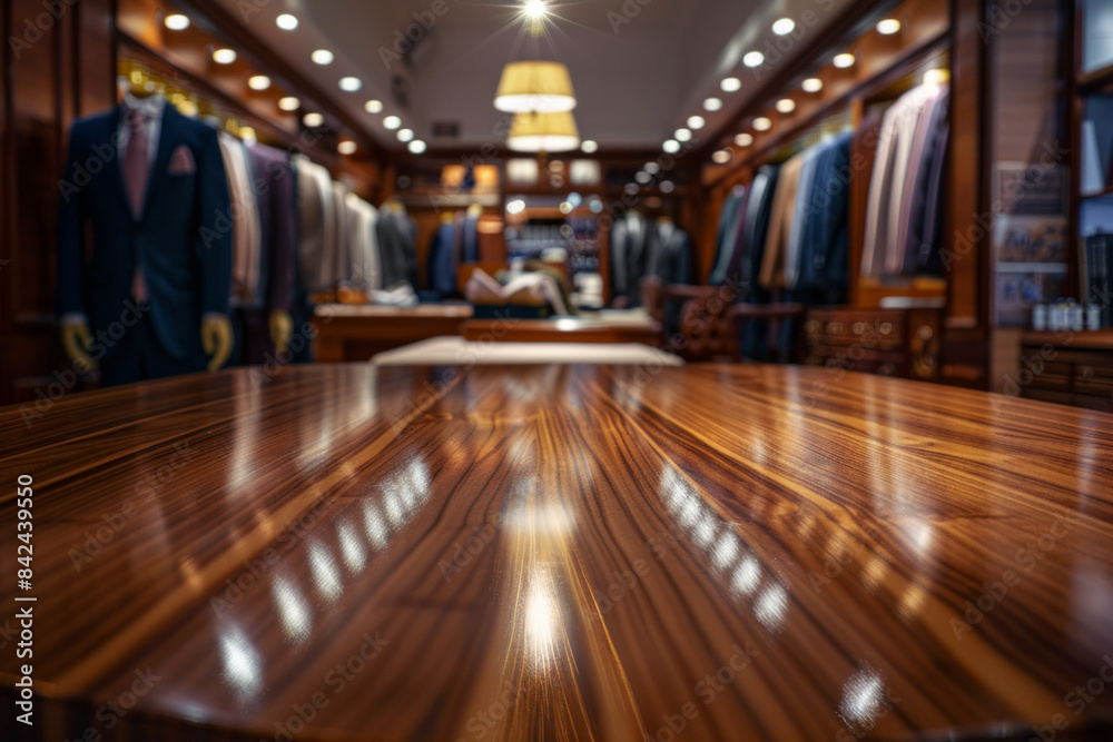 An elegant, polished wood fitting table in the foreground with a blurred background of a luxury tailor shop. The background features high-end fabrics, mannequins dressed in bespoke suits. An elegant, polished wood fitting table in the foreground with a blurred background of a luxury tailor shop. The background features high-end fabrics, mannequins dressed in bespoke suits.