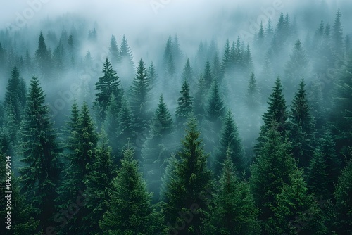 Misty Forest Landscape with Dense Evergreen Trees in Morning Fog - Nature, Adventure, Wallpaper Design