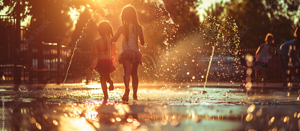 summer water activity kids playing on splash pad playground city park summer water activity kids playing on splash pad playground city park