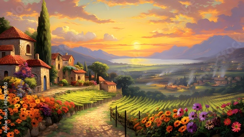 Panorama of a beautiful rural landscape with a house and a lot of flowers photo