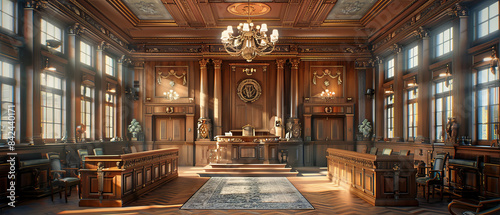 Traditional courtroom with ornate decorations and woodwork photo