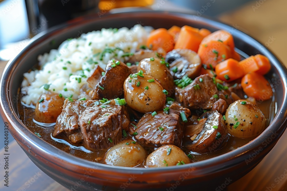Beef Bourguignon A bowl of Beef Bourguignon with tender beef chunks in a rich red wine sauce, accompanied by mushrooms, carrots, and pearl onions. Beef Bourguignon A bowl of Beef Bourguignon with tender beef chunks in a rich red wine sauce, accompanied by mushrooms, carrots, and pearl onions.