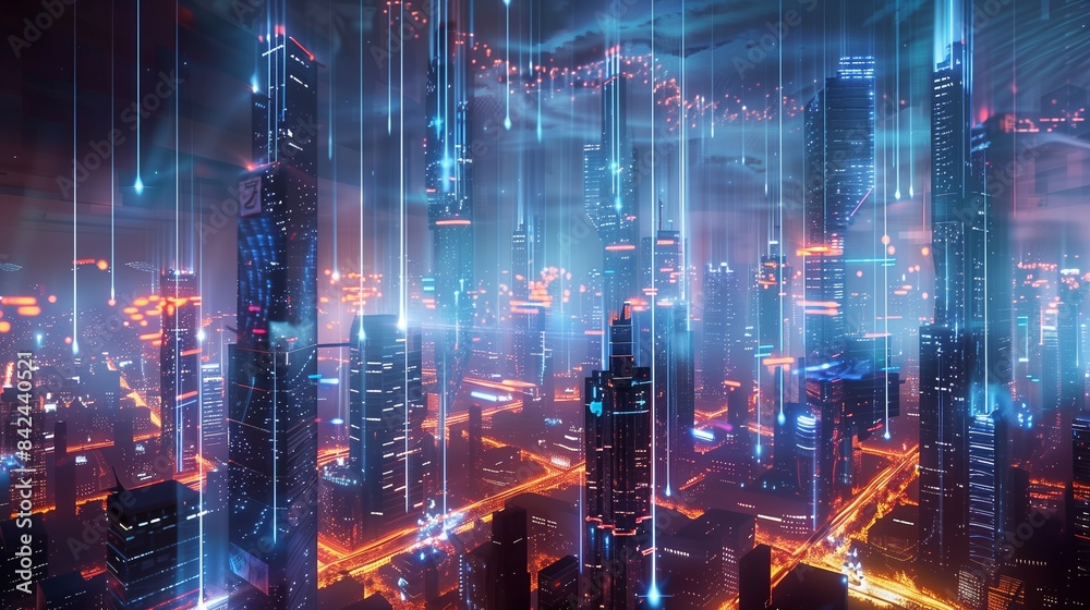 A holographic cityscape with digital royalties as vibrant beams over buildings, forming a web of wealth. A holographic cityscape with digital royalties as vibrant beams over buildings, forming a web of wealth.