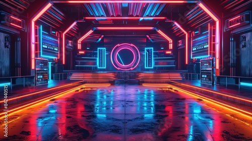 Modern tv game show studio set glowing with neon lights and futuristic design