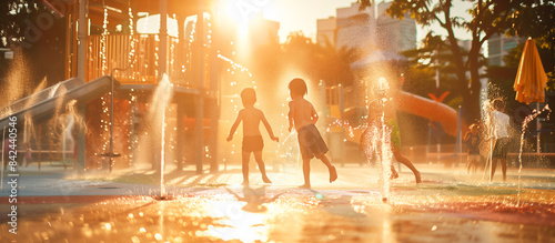 summer water activity kids playing on splash pad playground city park