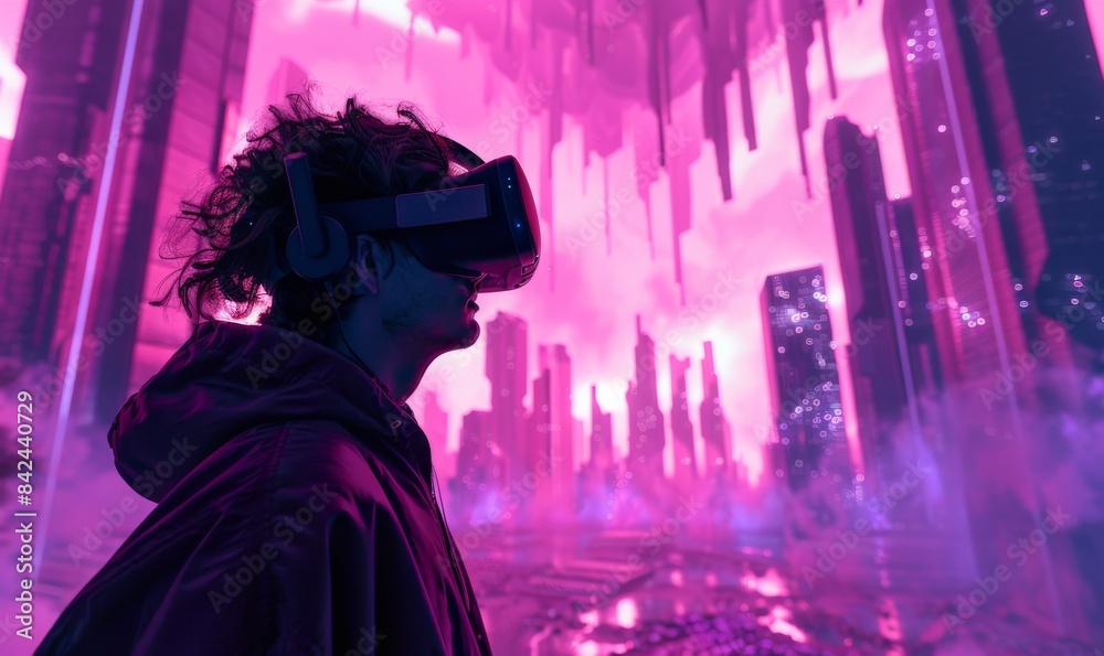 Fototapeta premium young man wearing VR glasses in cyberpunk city