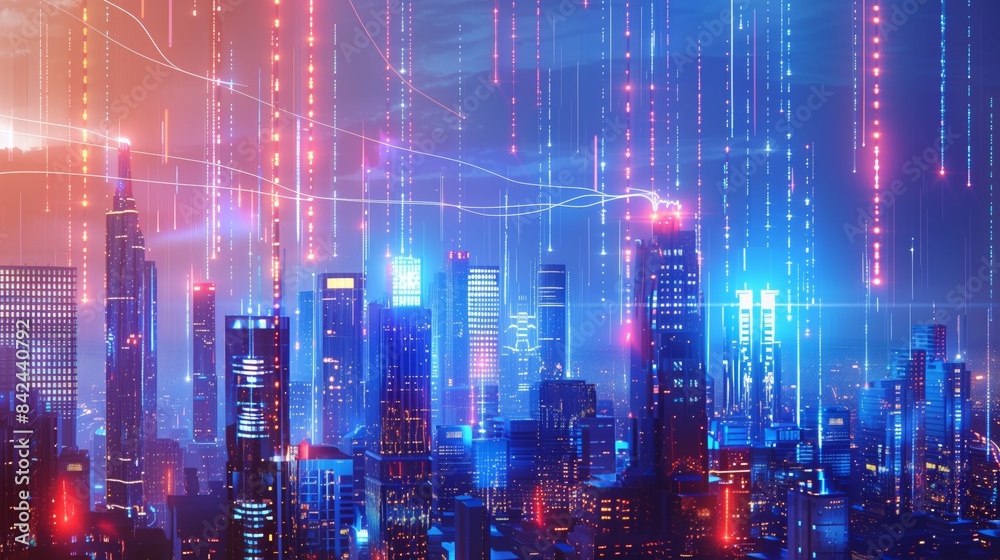 A holographic display reveals a futuristic cityscape, with digital light streams blending tech and urban life. A holographic display reveals a futuristic cityscape, with digital light streams blending tech and urban life.
