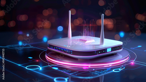 Modern wireless router with glowing antennas on a futuristic digital background.