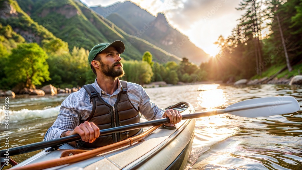 A man floats along a mountain river and examines the surrounding views. A man floats along a mountain river and examines the surrounding views.
