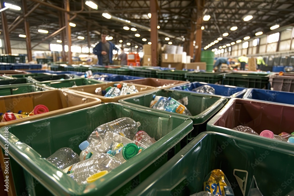 Obraz premium A recycling center with bins for different materials such as paper, plastic, and glass. People are seen sorting and depositing items into the appropriate bins, promoting the practice of recycling to