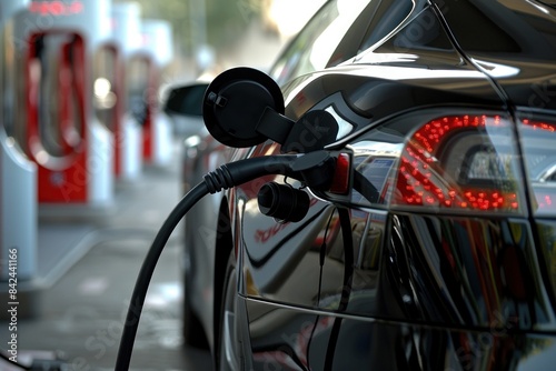 A close-up of an electric car being charged at a public charging station. The car is sleek and modern, representing the shift towards eco-friendly transportation options. This image promotes the