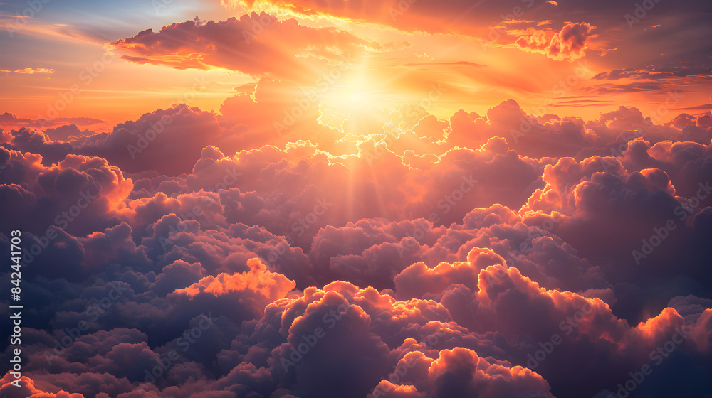A beautiful aerial view of a dark cloudscape with sun rays peeking through, creating a picturesque and dramatic sunset sky. The camera is flying towards the black sky,... A beautiful aerial view of a dark cloudscape with sun rays peeking through, creating a picturesque and dramatic sunset sky. The camera is flying towards the black sky,...