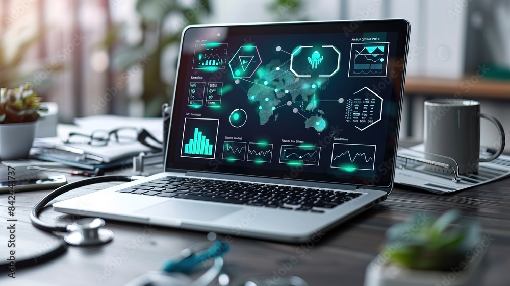 Medical technology, online health, telemedicine concept. Laptop computer and stethoscope electronic health record in hospital with icons on virtual screen