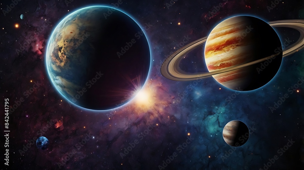 Fantasy space illustration with planets and stars, unique astronomical abstract background wallpaper