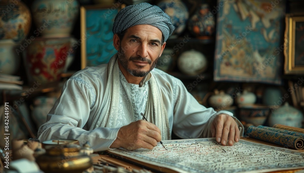 A human artist in a turban sits at a table, sharing their art on paper A human artist in a turban sits at a table, sharing their art on paper