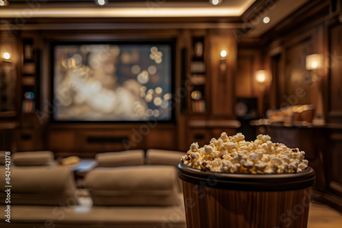 An elegant, polished wood concession stand in the foreground with a blurred background of an exclusive private cinema. The background includes plush seating, and a large projection screen,. photo