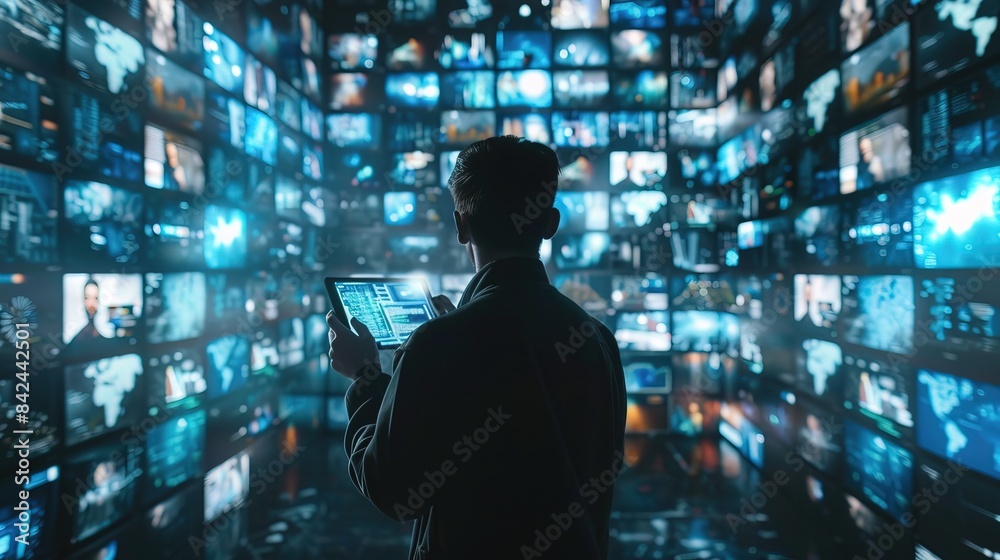media library concept. man using virtual video gallery media library concept. man using virtual video gallery