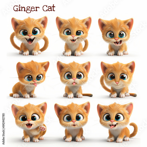 Set of nine adorable and expressive illustration of a cartoon ginger cat illustrations, perfect for various designs