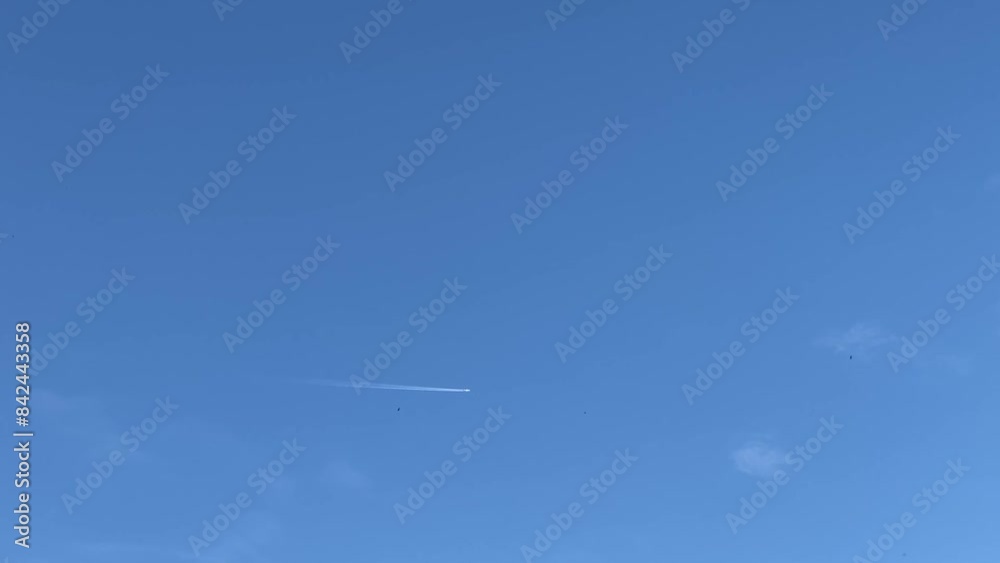 Airplane creates a jet stream in a clear, blue sky on a sunny day. Airplane creates a jet stream in a clear, blue sky on a sunny day.