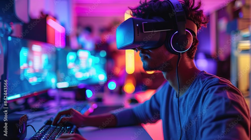 Gamers technology setup with headset and keyboard, highlighting the excitement of virtual reality gaming