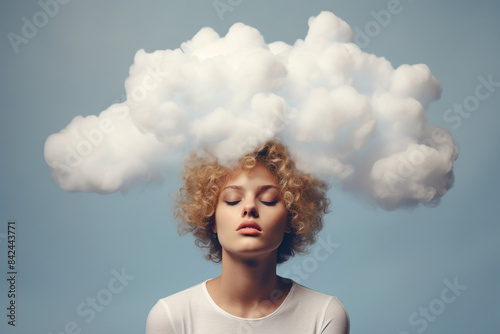 Young woman with her whole head in cloud, Depression, loneliness and mental health concept, Psychology theme, Dreaming, Having racing of memory loss, dementia