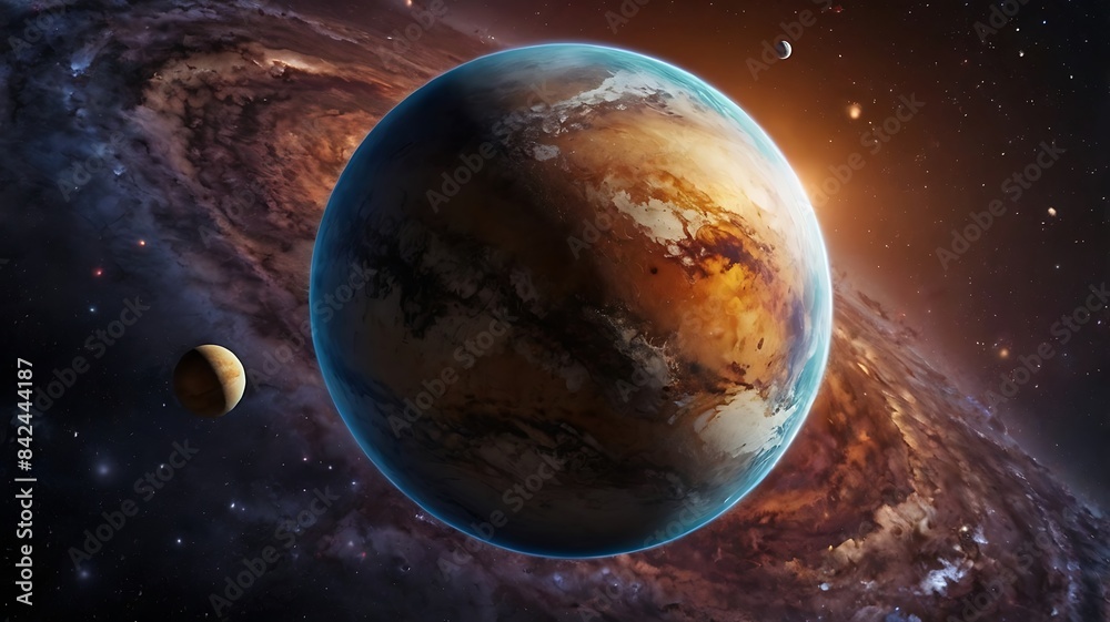 Naklejka premium Fantasy space illustration with planets and stars, unique astronomical abstract background wallpaper