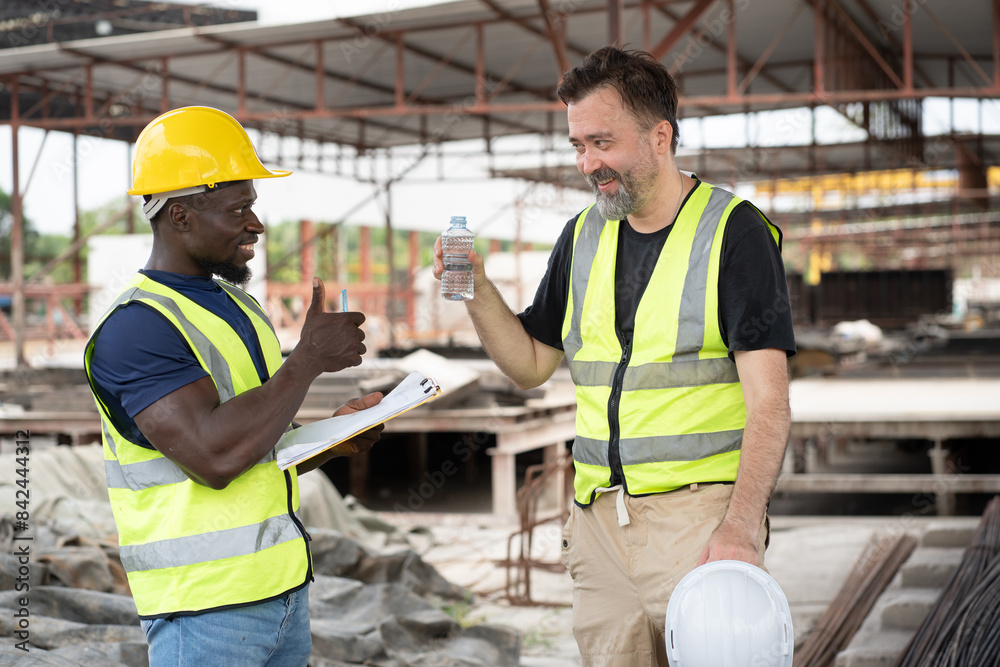 Portrait happy African American engineer man working with caucasian engineer man drink water at precast cement outdoor factory Portrait happy African American engineer man working with caucasian engineer man drink water at precast cement outdoor factory