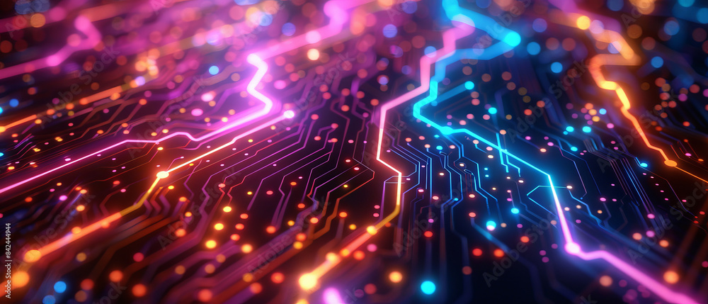 Vibrant glowing digital pathways on a circuit board closeup Vibrant glowing digital pathways on a circuit board closeup