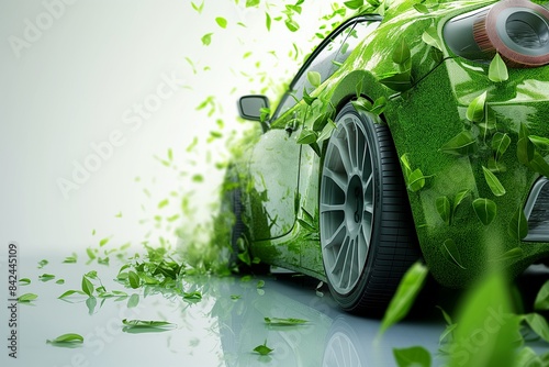 Eco-concept of environmentally friendly transport. A green car, partly composed of plants and foliage, moves, leaving behind a cloud of leaf smoke without polluting the environment.