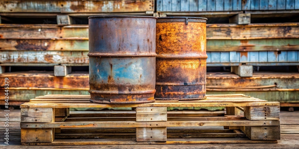 A weathered wooden pallet, worn from years of use, supports a haphazard ...