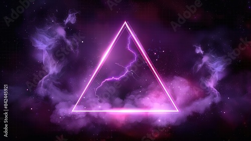 Decorative frame with neon violet toxic smoke and lightning discharges isolated on transparent background. Illustration of a triangle glowing in the dark photo