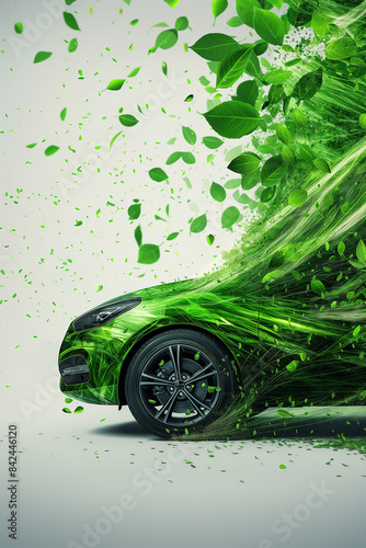 Eco-concept of environmentally friendly transport. A green car, partly composed of plants and foliage, moves, leaving behind a cloud of leaf smoke without polluting the environment.