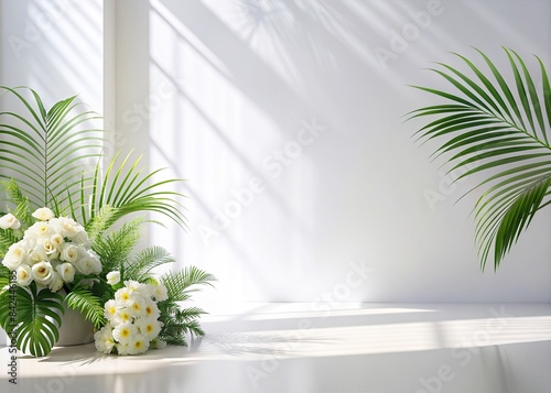 Abstract white studio background with shadows of window, flowers, and palm leaves, perfect for product presentations and summer concerts, empty room, room, white background, shadows, window © Sompong