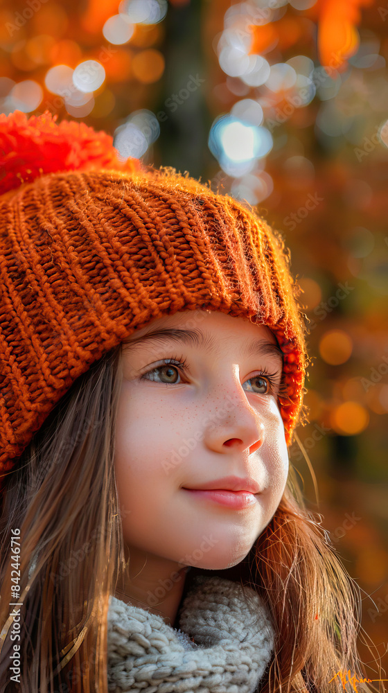 Close-up of the face of a girl with red woolen hat in a forest in autumn Close-up of the face of a girl with red woolen hat in a forest in autumn