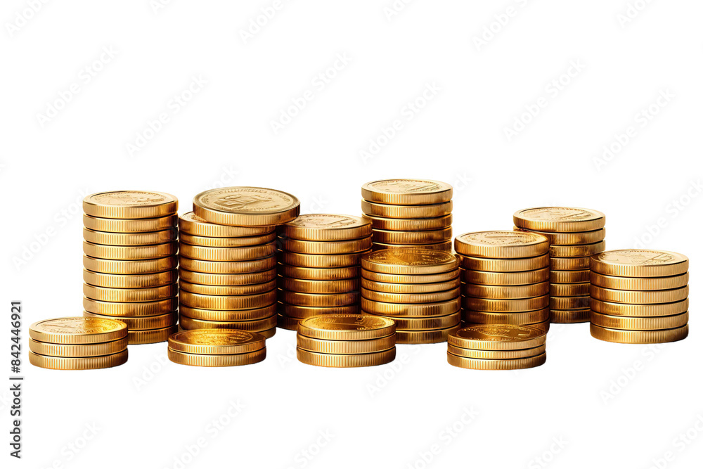 Towering Treasures: A Glittering Stack of Gold Coins on White or PNG Transparent Background. Towering Treasures: A Glittering Stack of Gold Coins on White or PNG Transparent Background.