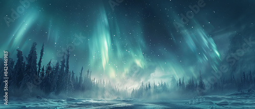 Winter night sky filled with stars and northern lights over a snowy landscape