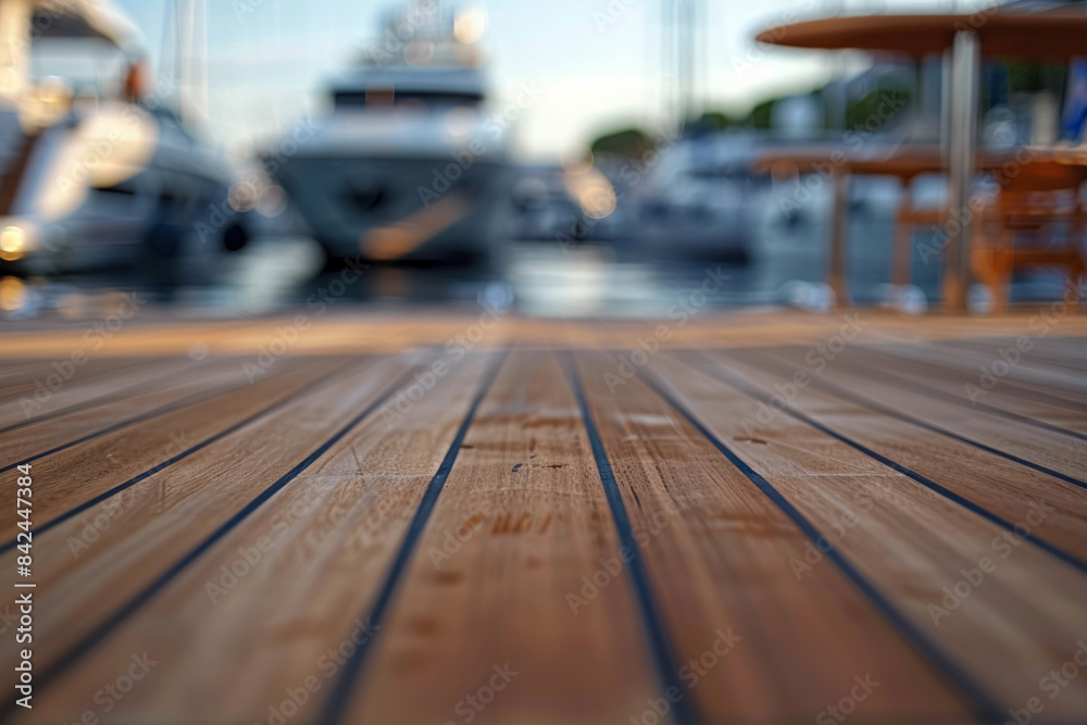 An elegant, polished teak deck table in the foreground with a blurred background of an exclusive yacht club. The background includes sleek yachts moored at the marina. An elegant, polished teak deck table in the foreground with a blurred background of an exclusive yacht club. The background includes sleek yachts moored at the marina.