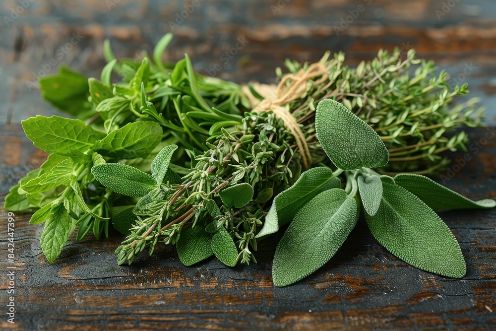 Bouquet Garni A bouquet garni of fresh herbs including thyme, rosemary, and bay leaves, tied together with kitchen twine. Displayed on a rustic wooden table. Bouquet Garni A bouquet garni of fresh herbs including thyme, rosemary, and bay leaves, tied together with kitchen twine. Displayed on a rustic wooden table.