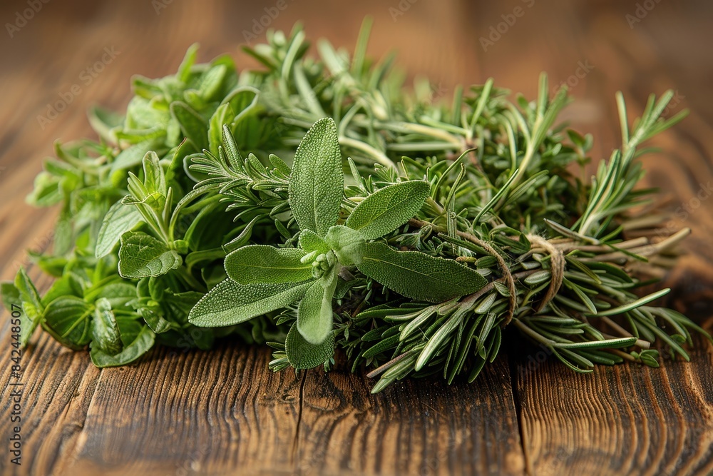 Bouquet Garni A bouquet garni of fresh herbs including thyme, rosemary, and bay leaves, tied together with kitchen twine. Displayed on a rustic wooden table. Bouquet Garni A bouquet garni of fresh herbs including thyme, rosemary, and bay leaves, tied together with kitchen twine. Displayed on a rustic wooden table.