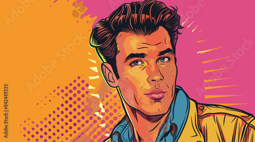 handsome man on pink on orange background in yellow jacket and blue shirt vector flat illustration