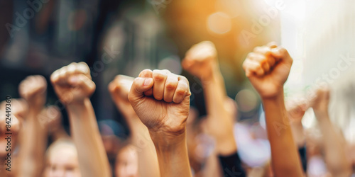 Raised fists in urban protest for unity and strength