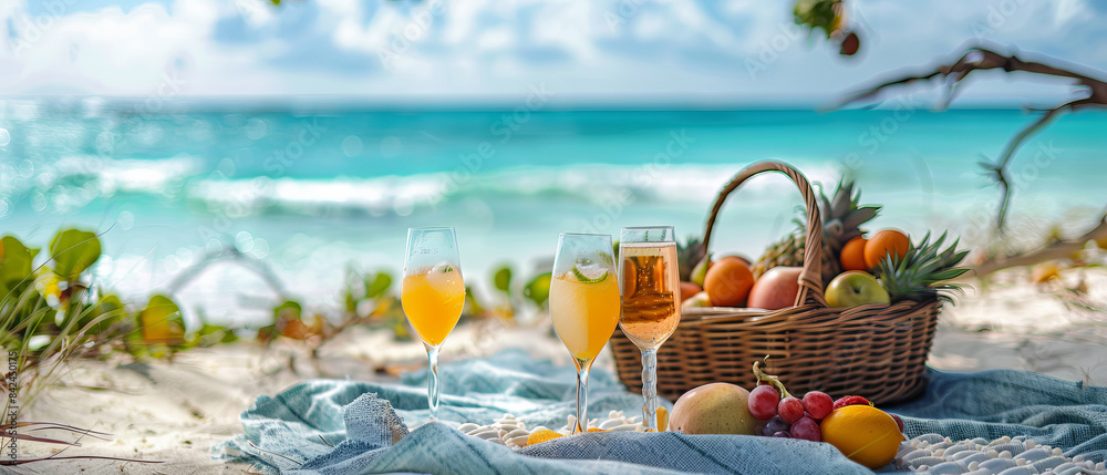 Fototapeta premium Serene Beach Picnic Setup with Blanket, Fresh Fruit Basket, and Drinks by the Ocean