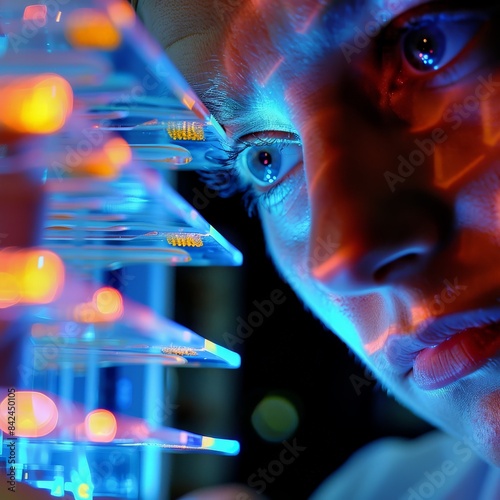 Close-up of a scientist's face, illuminated by the glow of a gel electrophoresis apparatus, focusing on genetic research Job ID: cbc35178-2c8e-419a-91f0-91cb6c33ab14