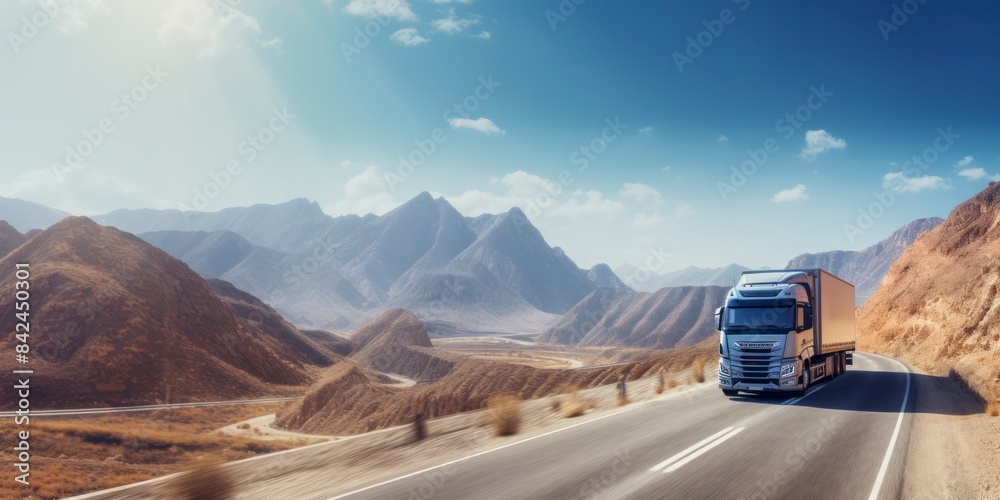 Truck driving on the highway in the mountains. Transportation and logistics concept. Truck driving on the highway in the mountains. Transportation and logistics concept.